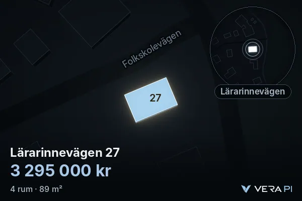 VERA PI:s bild av Lärarinnevägen 27: huset i 3D, upplyst i blått, och kartan runt omkring