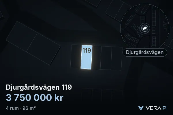 VERA PI's image of Djurgårdsvägen 119: the building in 3D, lit in blue, and the map around it