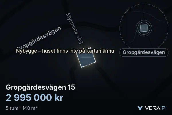 VERA PI:s bild av Gropgärdesvägen 15: huset i 3D, upplyst i blått, och kartan runt omkring
