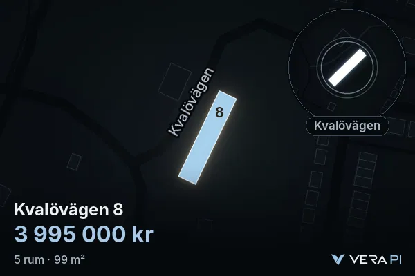 VERA PI's image of Kvalövägen 8: the building in 3D, lit in blue, and the map around it