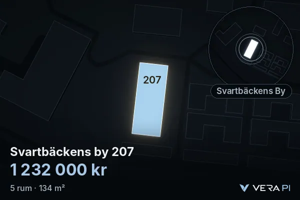 VERA PI:s bild av Svartbäckens by 207: huset i 3D, upplyst i blått, och kartan runt omkring