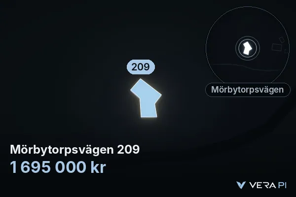 VERA PI's image of Mörbytorpsvägen 209: the building in 3D, lit in blue, and the map around it