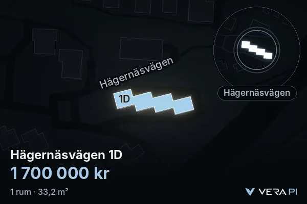 VERA PI:s bild av Hägernäsvägen 1D: huset i 3D, upplyst i blått, och kartan runt omkring