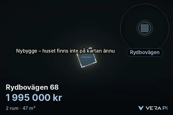 VERA PI:s bild av Rydbovägen 68: huset i 3D, upplyst i blått, och kartan runt omkring