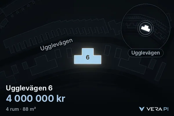 VERA PI:s bild av Ugglevägen 6: huset i 3D, upplyst i blått, och kartan runt omkring