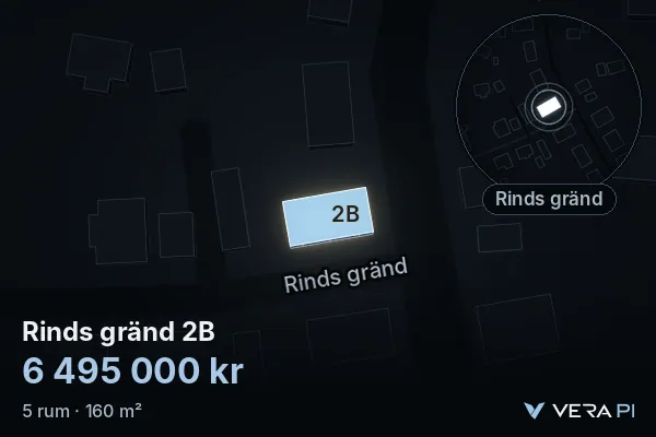 VERA PI:s bild av Rinds gränd 2B: huset i 3D, upplyst i blått, och kartan runt omkring