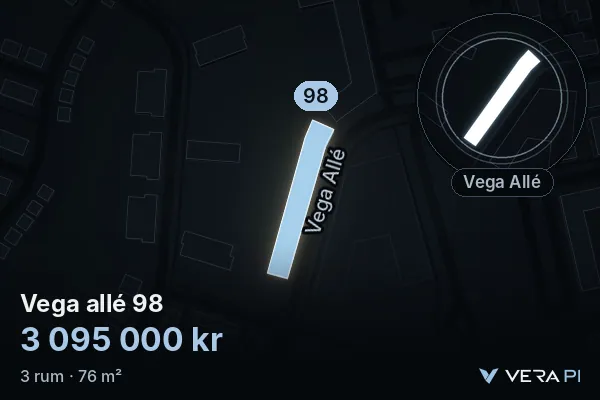 VERA PI:s bild av Vega allé 98: huset i 3D, upplyst i blått, och kartan runt omkring