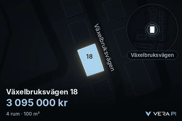 VERA PI:s bild av Växelbruksvägen 18: huset i 3D, upplyst i blått, och kartan runt omkring