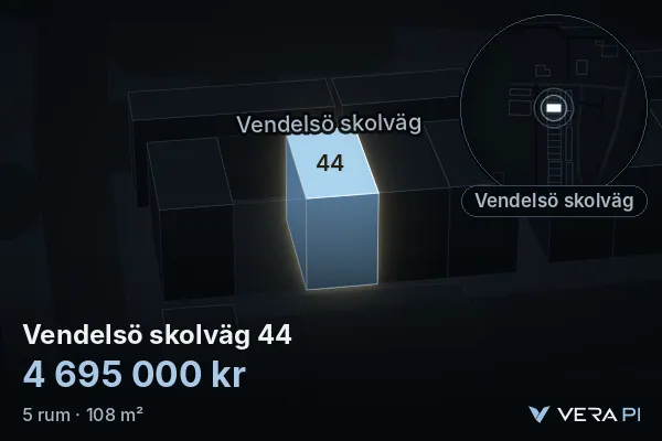 VERA PI:s bild av Vendelsö skolväg 44: huset i 3D, upplyst i blått, och kartan runt omkring