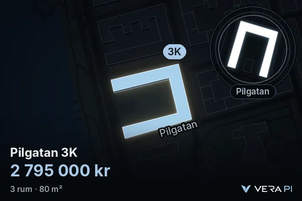 VERA PI:s bild av Pilgatan 3K: huset i 3D, upplyst i blått, och kartan runt omkring