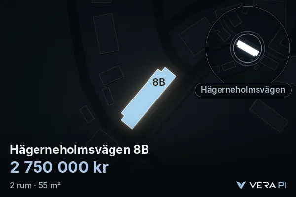 VERA PI:s bild av Hägerneholmsvägen 8B: huset i 3D, upplyst i blått, och kartan runt omkring