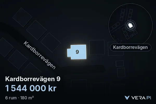 VERA PI:s bild av Kardborrevägen 9: huset i 3D, upplyst i blått, och kartan runt omkring