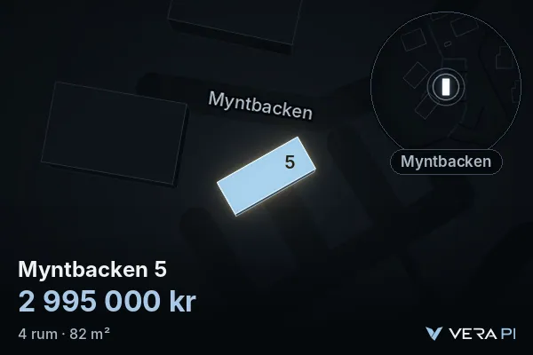VERA PI:s bild av Myntbacken 5: huset i 3D, upplyst i blått, och kartan runt omkring