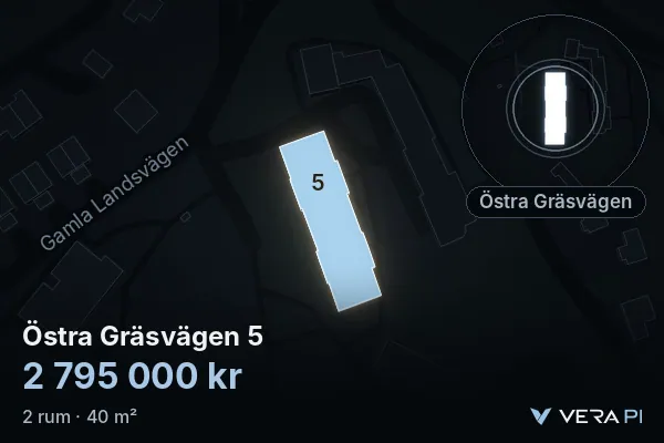 VERA PI:s bild av Östra Gräsvägen 5: huset i 3D, upplyst i blått, och kartan runt omkring