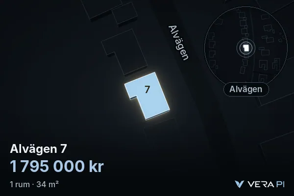 VERA PI:s bild av Alvägen 7: huset i 3D, upplyst i blått, och kartan runt omkring