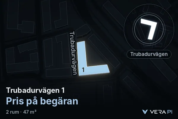 VERA PI's image of Trubadurvägen 1: the building in 3D, lit in blue, and the map around it