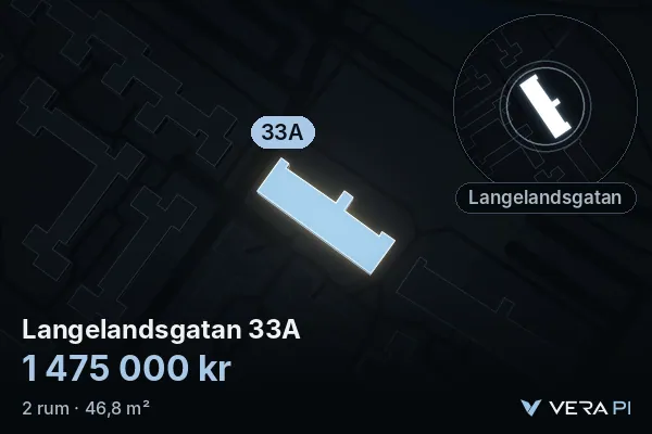 VERA PI's image of Langelandsgatan 33A: the building in 3D, lit in blue, and the map around it