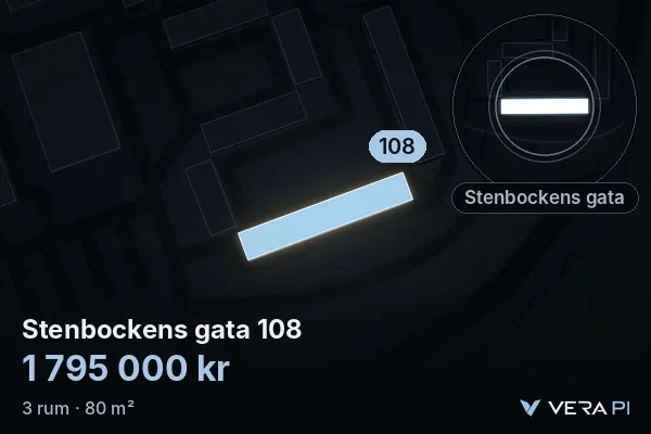 VERA PI:s bild av Stenbockens gata 108: huset i 3D, upplyst i blått, och kartan runt omkring