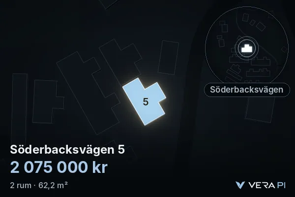 VERA PI's image of Söderbacksvägen 5: the building in 3D, lit in blue, and the map around it