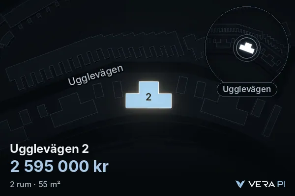 VERA PI:s bild av Ugglevägen 2: huset i 3D, upplyst i blått, och kartan runt omkring