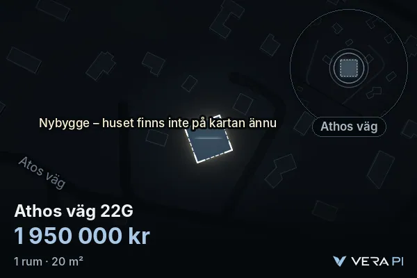 VERA PI:s bild av Athos väg 22G: huset i 3D, upplyst i blått, och kartan runt omkring