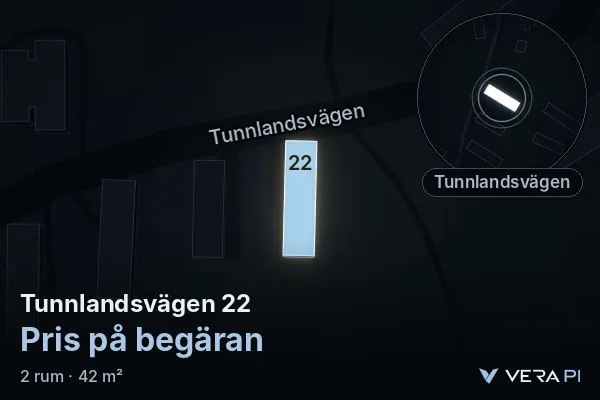 VERA PI's image of Tunnlandsvägen 22: the building in 3D, lit in blue, and the map around it