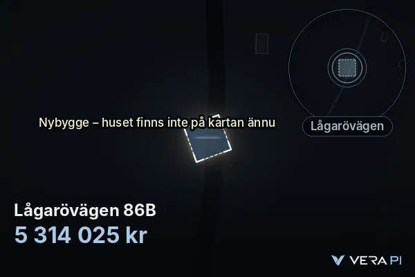 VERA PI:s bild av Lågarövägen 86B: huset i 3D, upplyst i blått, och kartan runt omkring