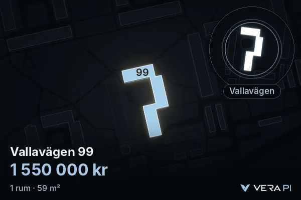 VERA PI:s bild av Vallavägen 99: huset i 3D, upplyst i blått, och kartan runt omkring