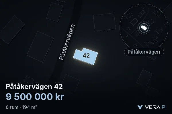 VERA PI's image of Påtåkervägen 42: the building in 3D, lit in blue, and the map around it