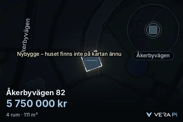VERA PI:s bild av Åkerbyvägen 82: huset i 3D, upplyst i blått, och kartan runt omkring