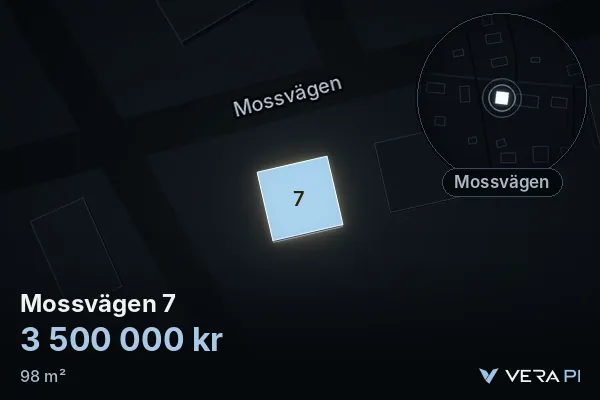 VERA PI:s bild av Mossvägen 7: huset i 3D, upplyst i blått, och kartan runt omkring