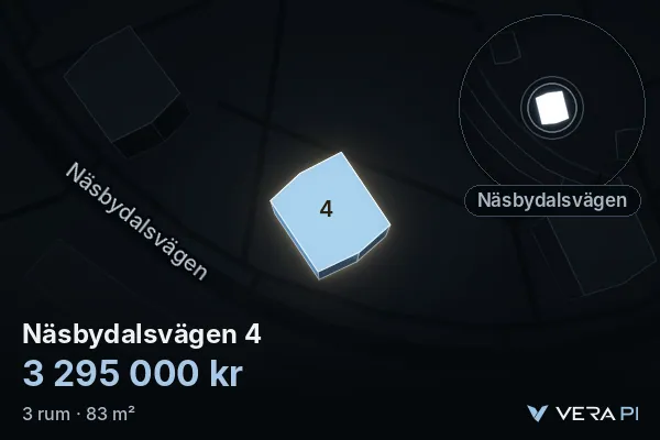 VERA PI:s bild av Näsbydalsvägen 4: huset i 3D, upplyst i blått, och kartan runt omkring