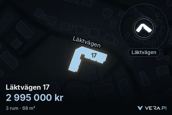 VERA PI:s bild av Läktvägen 17: huset i 3D, upplyst i blått, och kartan runt omkring