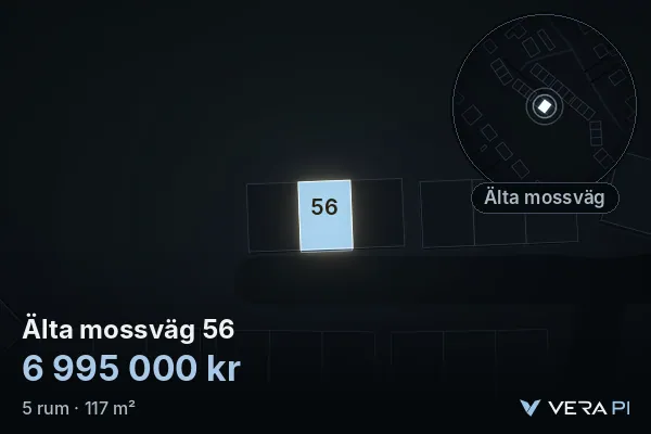 VERA PI:s bild av Älta mossväg 56: huset i 3D, upplyst i blått, och kartan runt omkring