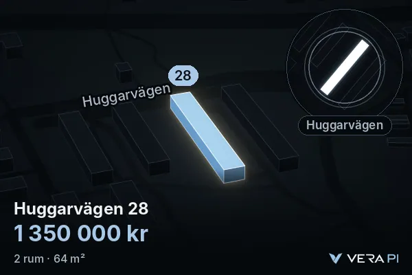 VERA PI:s bild av Huggarvägen 28: huset i 3D, upplyst i blått, och kartan runt omkring