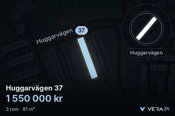 VERA PI's image of Huggarvägen 37: the building in 3D, lit in blue, and the map around it