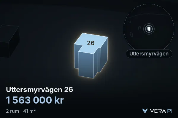 VERA PI's image of Uttersmyrvägen 26: the building in 3D, lit in blue, and the map around it