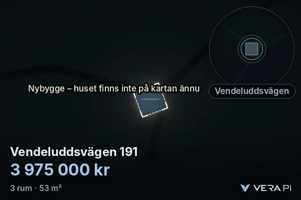 VERA PI's image of Vendeluddsvägen 191: the building in 3D, lit in blue, and the map around it