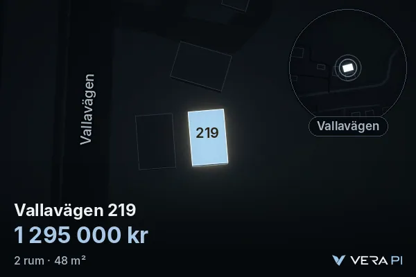 VERA PI:s bild av Vallavägen 219: huset i 3D, upplyst i blått, och kartan runt omkring