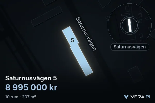 VERA PI:s bild av Saturnusvägen 5: huset i 3D, upplyst i blått, och kartan runt omkring