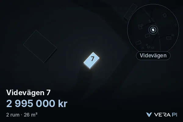 VERA PI:s bild av Videvägen 7: huset i 3D, upplyst i blått, och kartan runt omkring