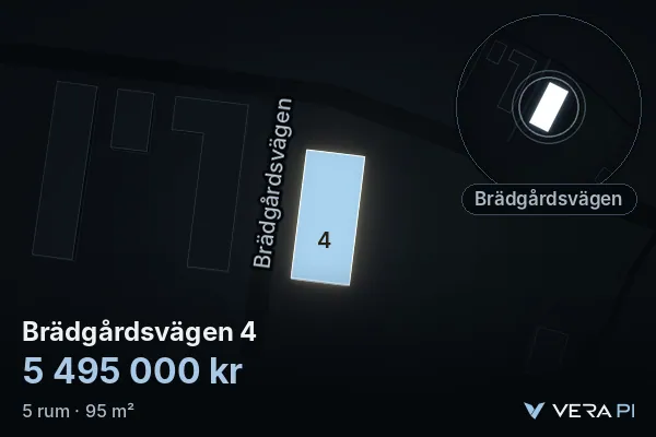 VERA PI:s bild av Brädgårdsvägen 4: huset i 3D, upplyst i blått, och kartan runt omkring