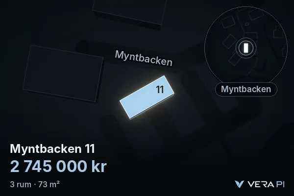 VERA PI:s bild av Myntbacken 11: huset i 3D, upplyst i blått, och kartan runt omkring