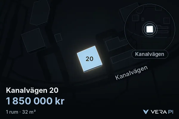 VERA PI:s bild av Kanalvägen 20: huset i 3D, upplyst i blått, och kartan runt omkring