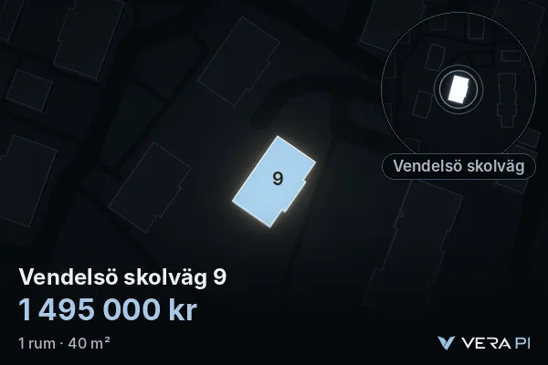 VERA PI:s bild av Vendelsö skolväg 9: huset i 3D, upplyst i blått, och kartan runt omkring