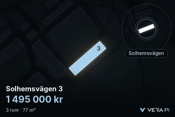 VERA PI's image of Solhemsvägen 3: the building in 3D, lit in blue, and the map around it