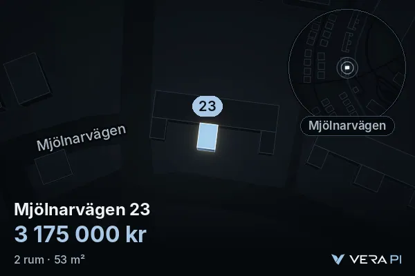 VERA PI:s bild av Mjölnarvägen 23: huset i 3D, upplyst i blått, och kartan runt omkring
