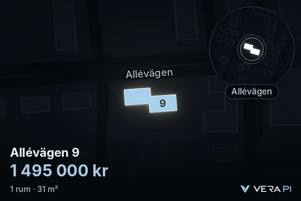 VERA PI's image of Allévägen 9: the building in 3D, lit in blue, and the map around it