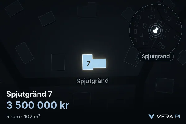 VERA PI:s bild av Spjutgränd 7: huset i 3D, upplyst i blått, och kartan runt omkring