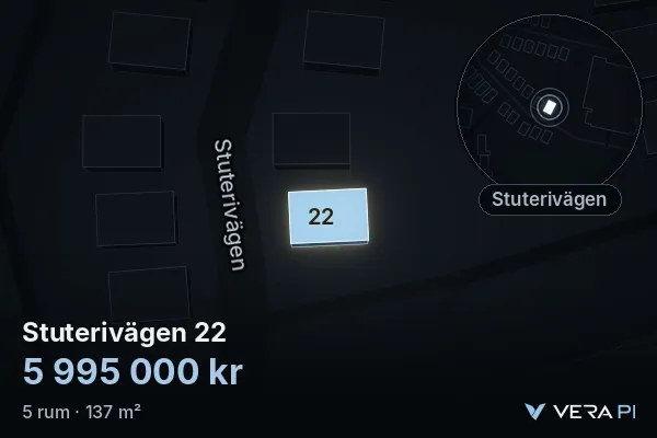 VERA PI's image of Stuterivägen 22: the building in 3D, lit in blue, and the map around it